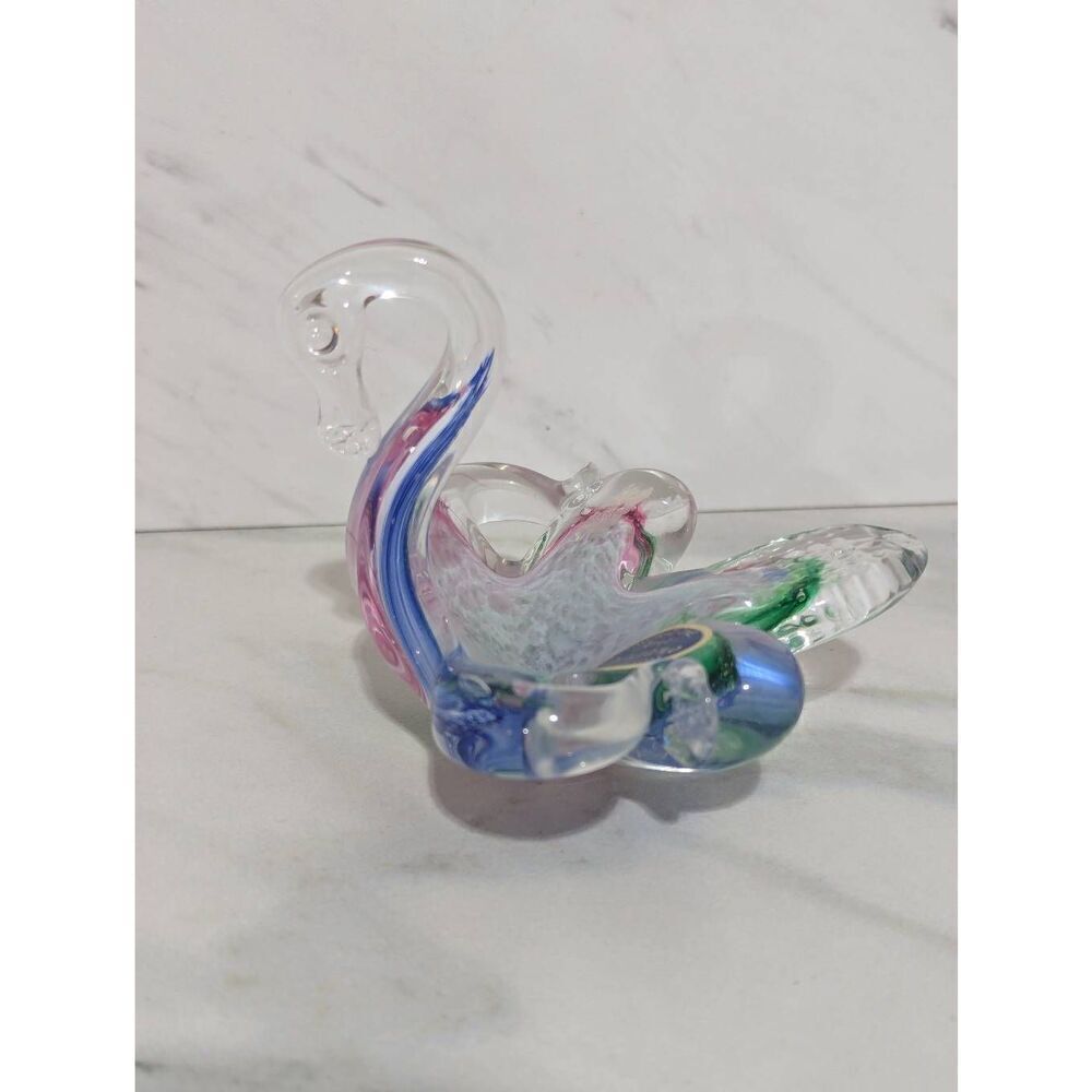Murano Vintage Hand Blown Swan Multi Color Candy Dish Or Ash Tray